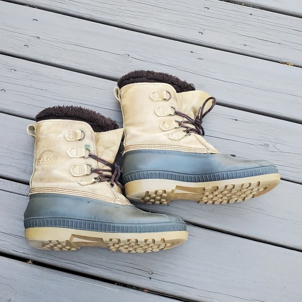 Vintage 90s Sorel Badger Leather Winter Snow Duck Boots Waterproof Wool Liner 10